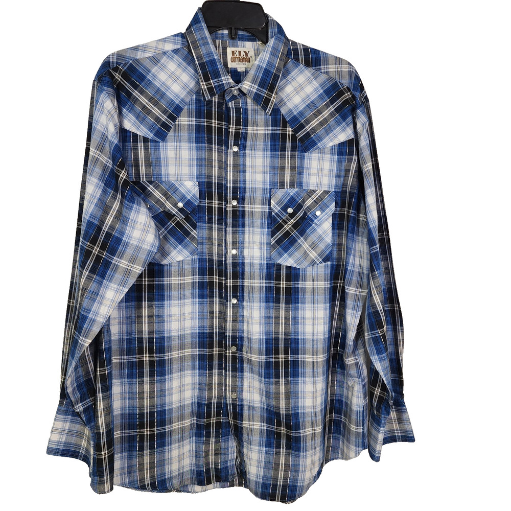 Ely Cattleman Shirt Mens Large Blue Plaid Western Pearl Snap Pocket Metallic